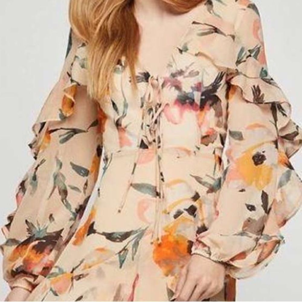 BCBGeneration Floral Ruffle Mini Dress Sheer Long Sleeve Boho Size 4 - Picture 7 of 15